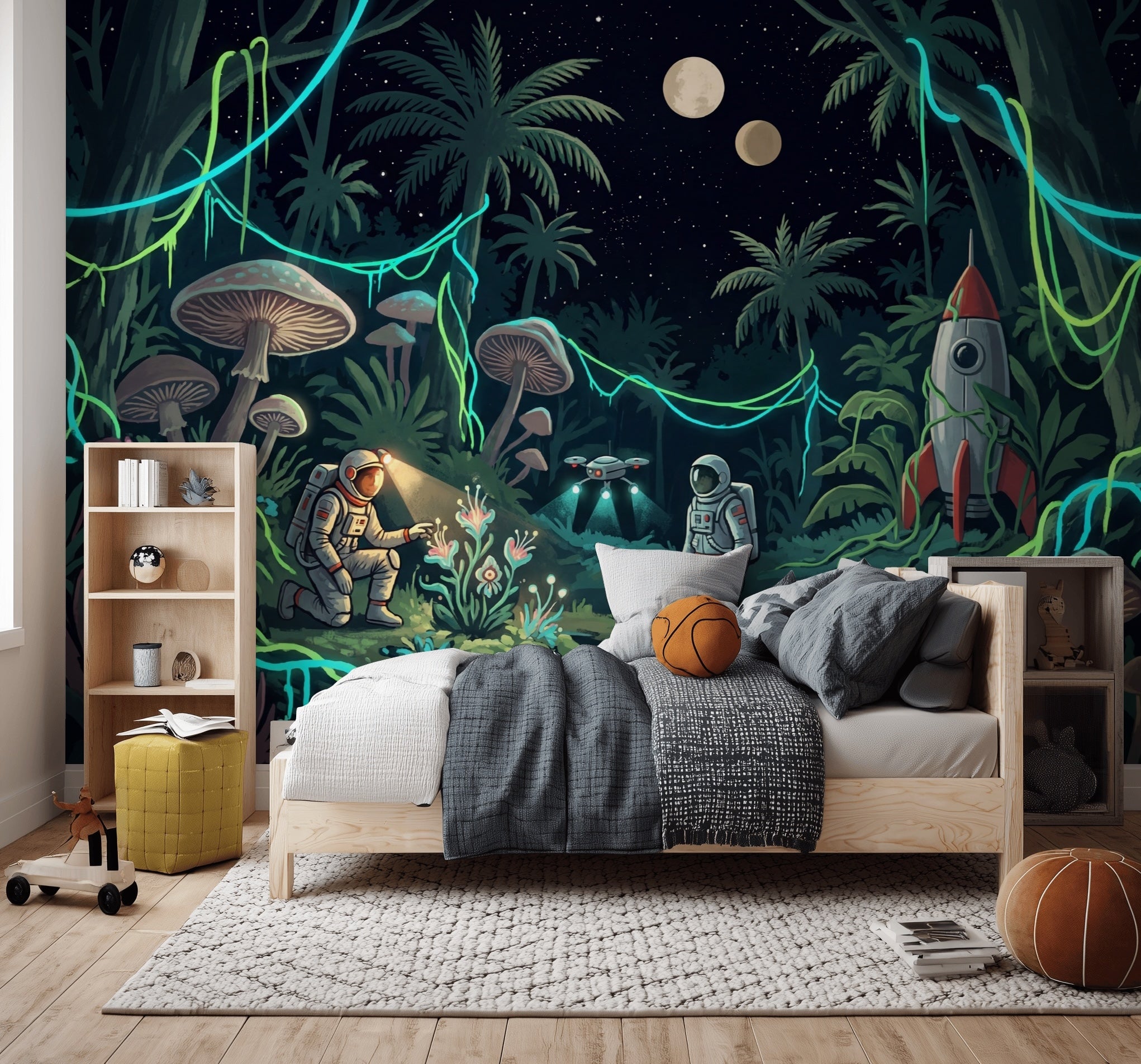 Night Jungle Wallpaper Astronauts Rocket Ship Removable Wall Decor