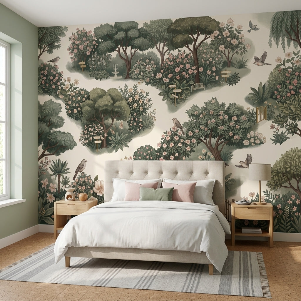 Garden Landscape Wallpaper Floral Bushes Removable Birds Wall Decor