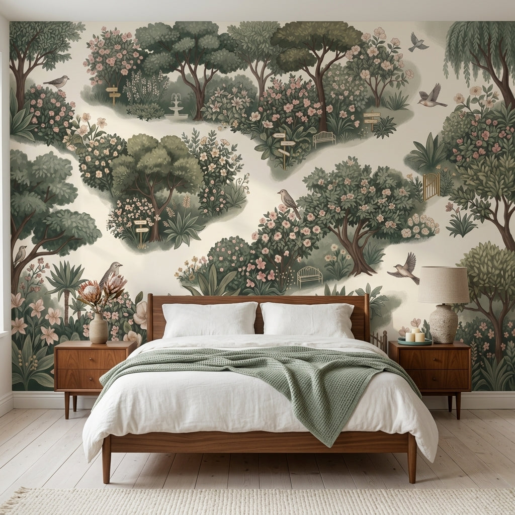 Garden Landscape Wallpaper Floral Bushes Removable Birds Wall Decor