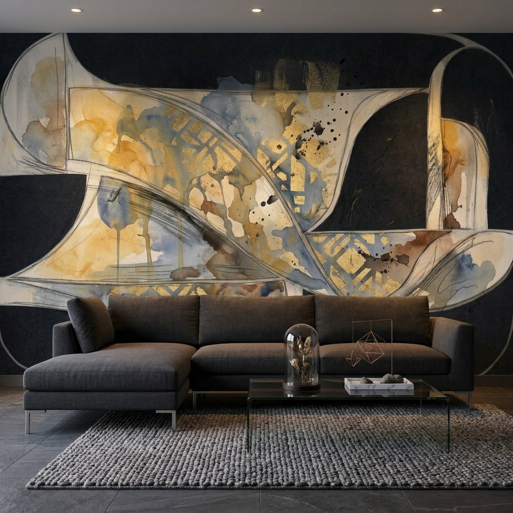 Dark Abstract Wallpaper Black Background Gold Metallic Accents Removable Wall Decor