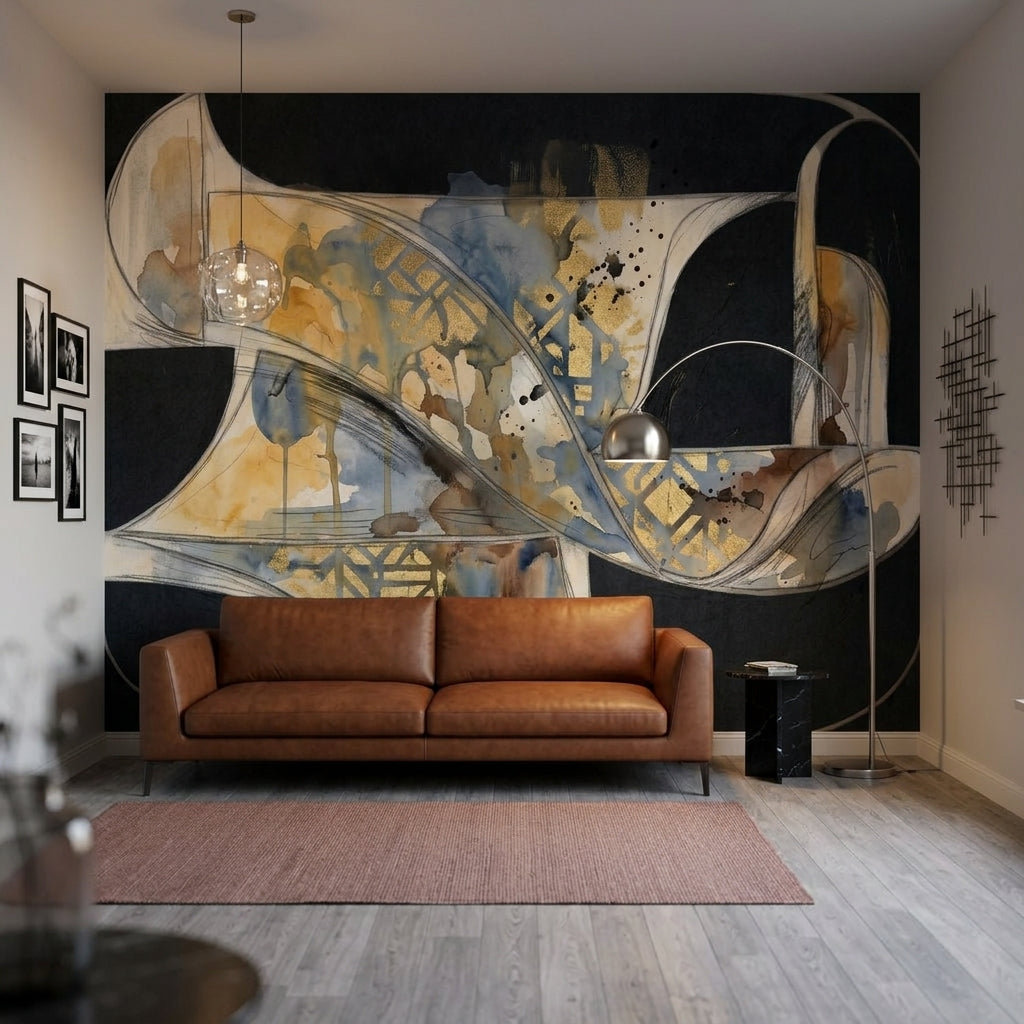 Dark Abstract Wallpaper Black Background Gold Metallic Accents Removable Wall Decor