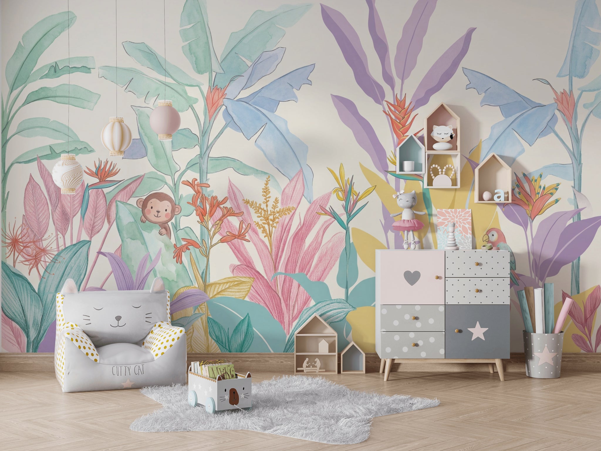 Tropical Wallpaper Pastel Watercolor Removable Wall Decor