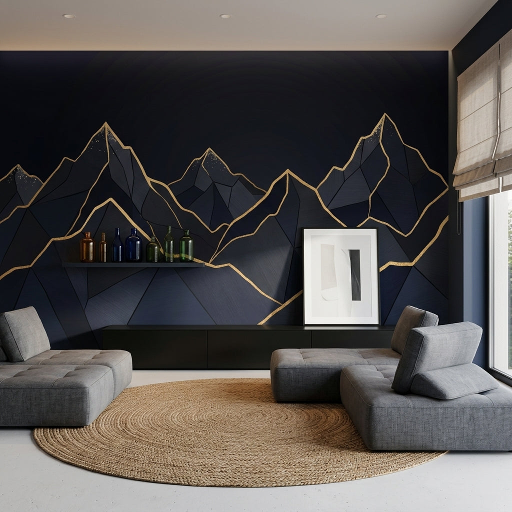 Geometric Mountains Wallpaper Navy Removable Gold Outline Wall Decor