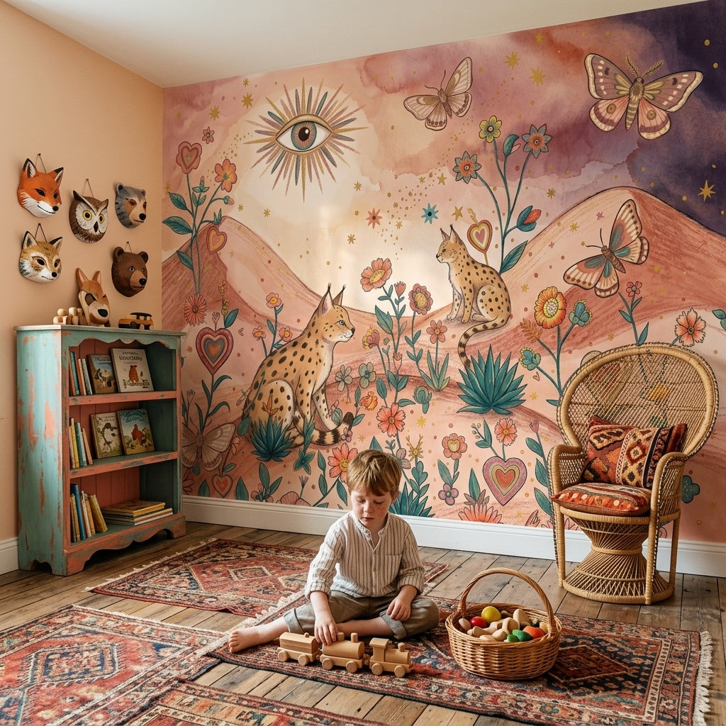 Lynx Wild Cats Wallpaper Whimsical Landscape Floral Meadow Removable Wall Decor