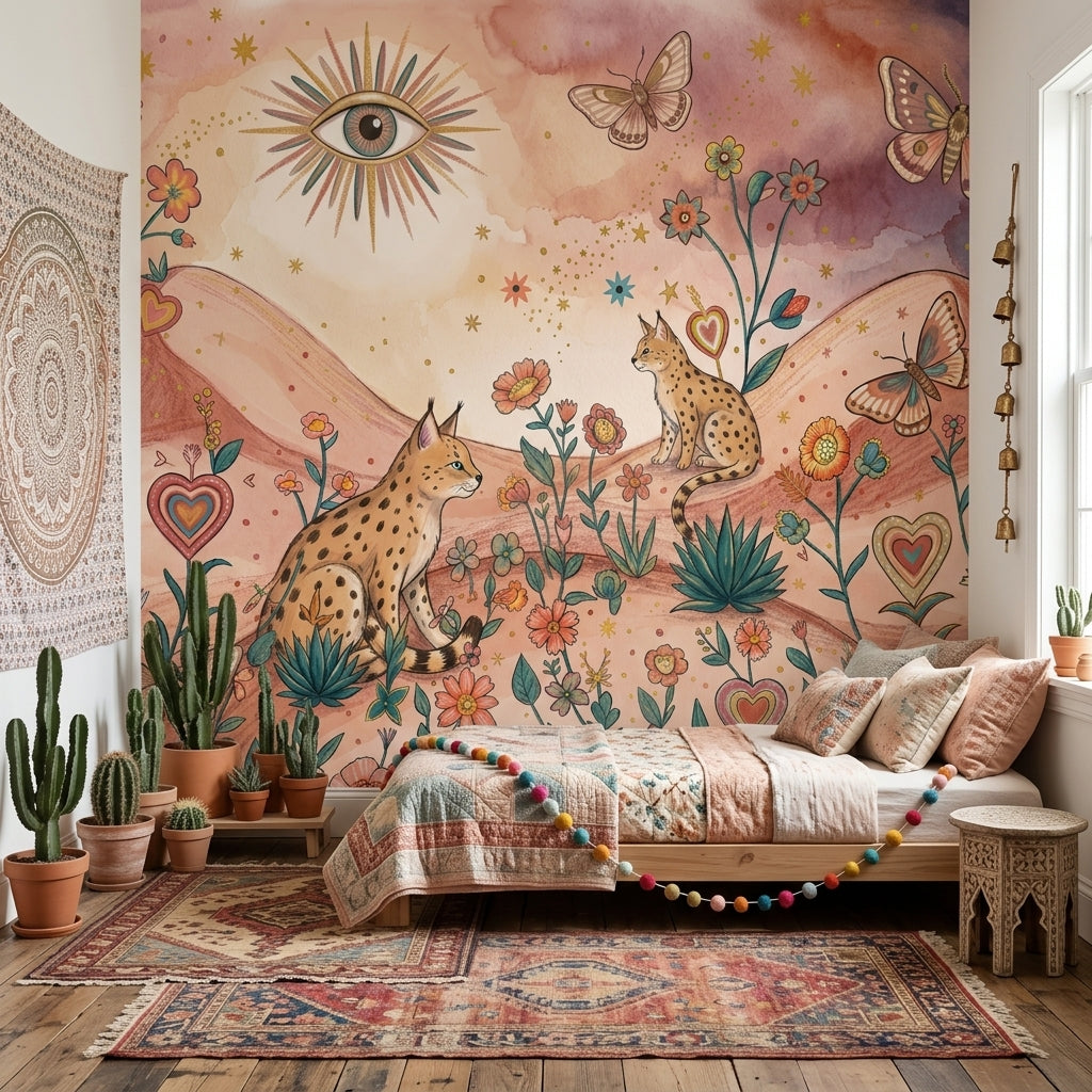 Lynx Wild Cats Wallpaper Whimsical Landscape Floral Meadow Removable Wall Decor