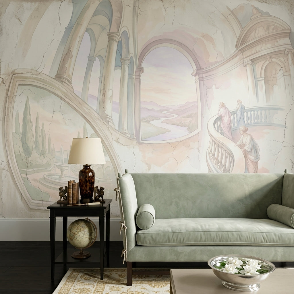 Fresco Mural Wallpaper Classical Arches Pastel Landscape Wall Mural