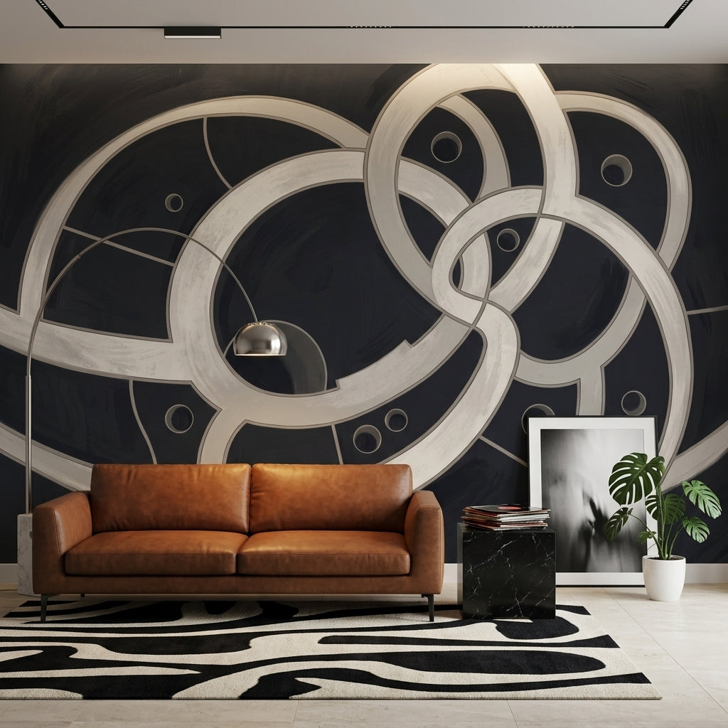 Geometric Rings Wallpaper Interlocking Circles Removable Black Background Wall Decor