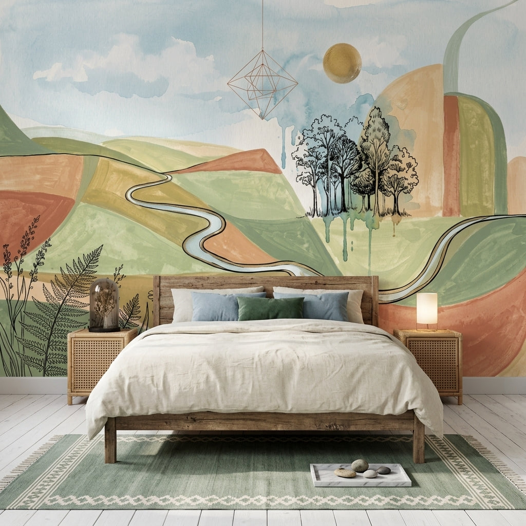 Rolling Hills Wallpaper Winding Road Watercolor Removable Wall Decor