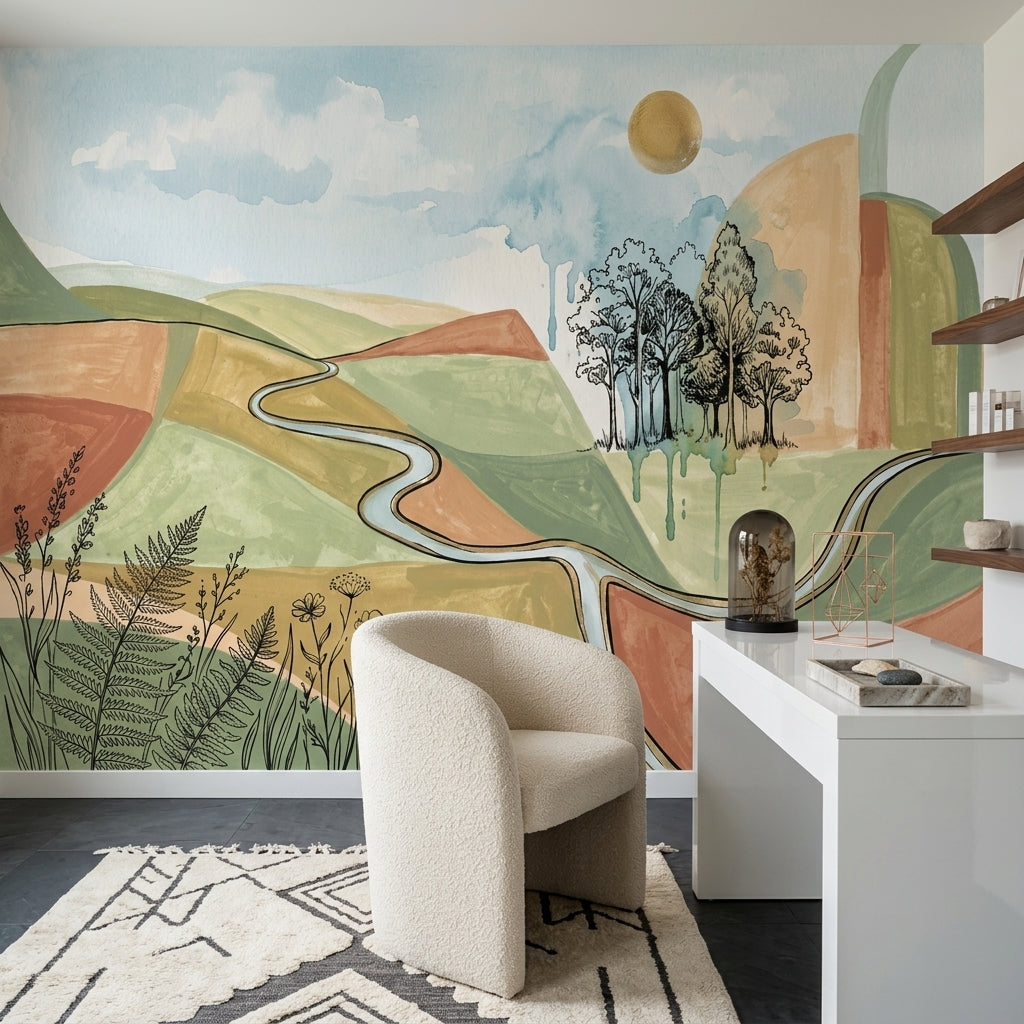 Rolling Hills Wallpaper Winding Road Watercolor Removable Wall Decor
