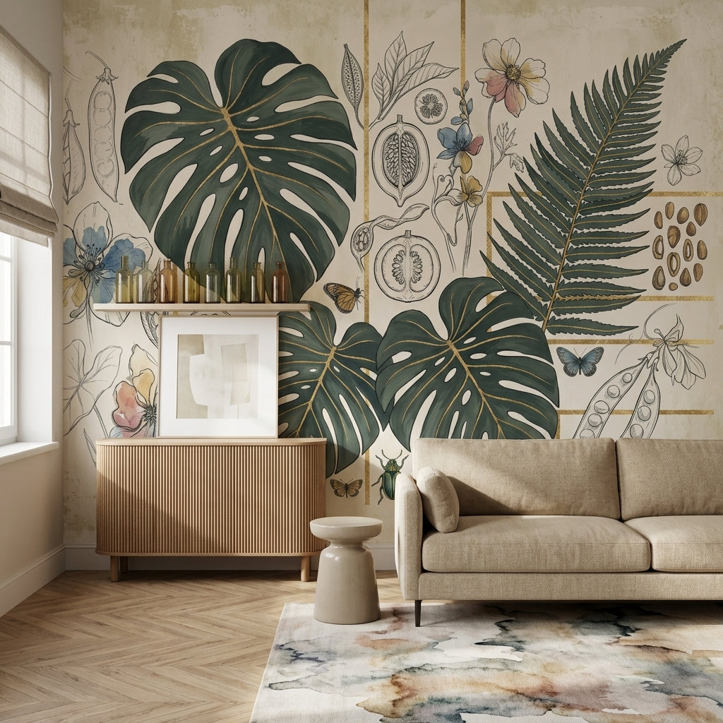 Botanical Wallpaper Tropical Leaves Gold Grid Removable Wall Decor