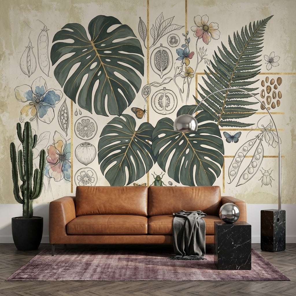 Botanical Wallpaper Tropical Leaves Gold Grid Removable Wall Decor