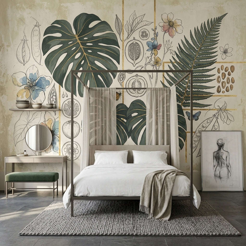 Botanical Wallpaper Tropical Leaves Gold Grid Removable Wall Decor