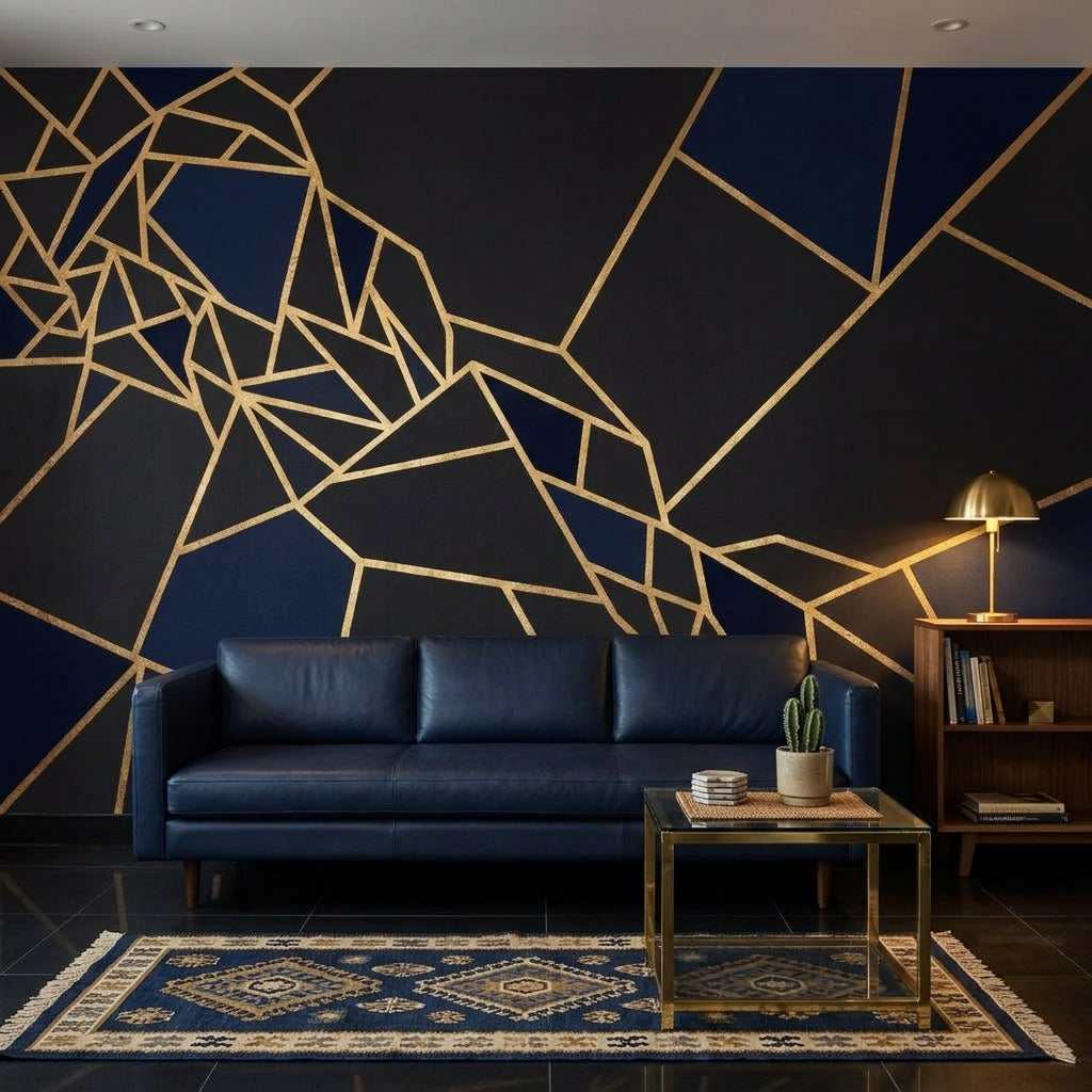Faceted Mosaic Wallpaper Gold Lines Art Deco Removable Wall Decor