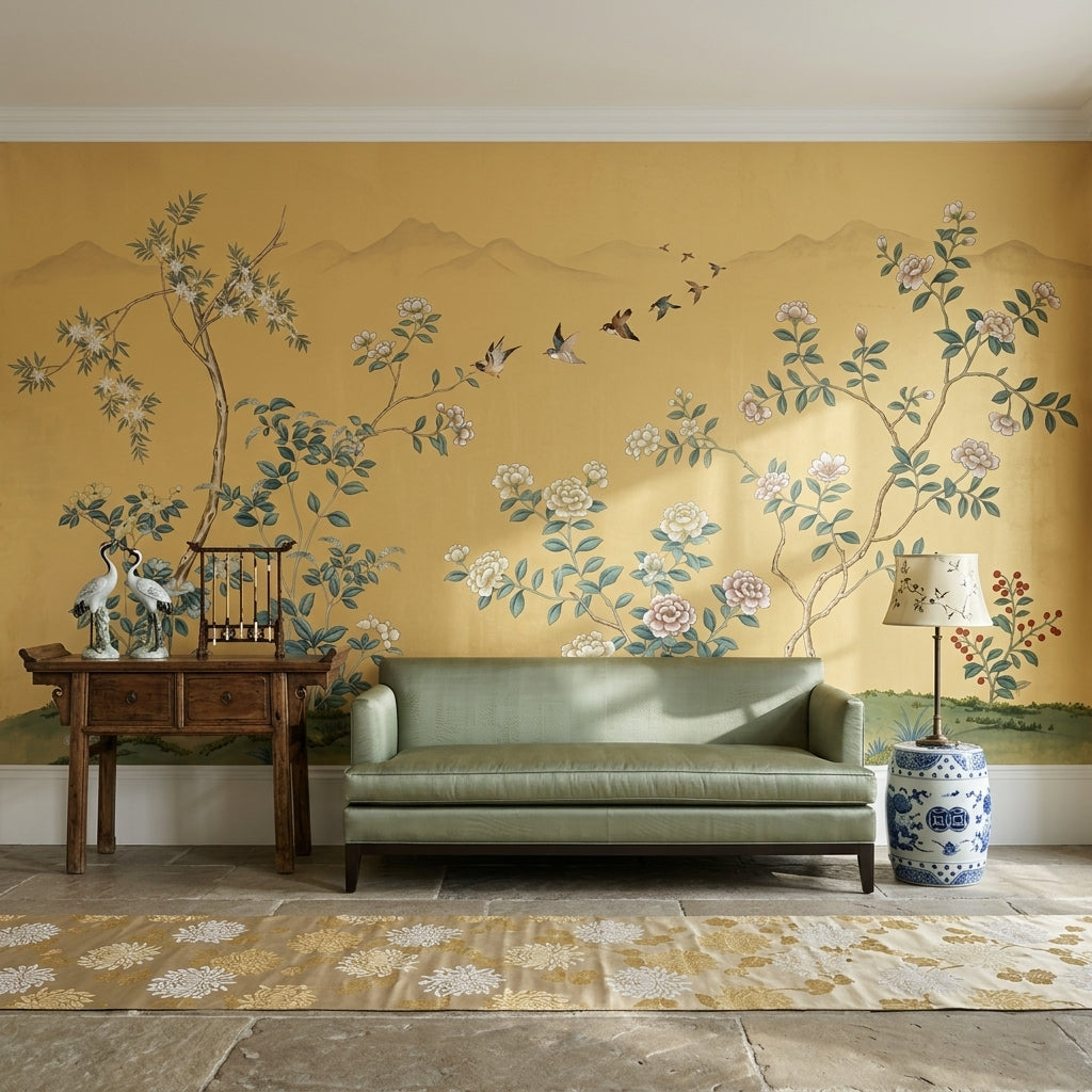 Botanical Mural Wallpaper Golden Background Removable Asian Inspired Wall Decor