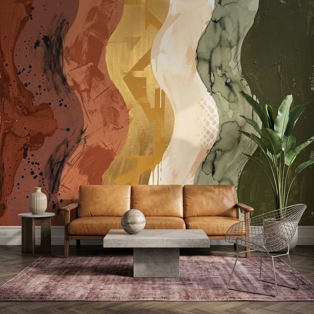 Wavy Vertical Bands Wallpaper Mixed Media Removable Earth Tones Wall Decor