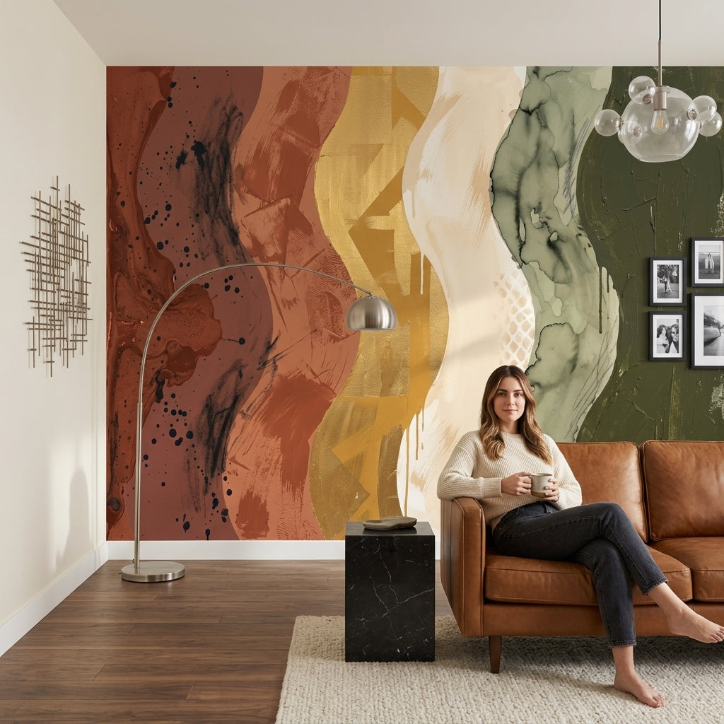 Wavy Vertical Bands Wallpaper Mixed Media Removable Earth Tones Wall Decor
