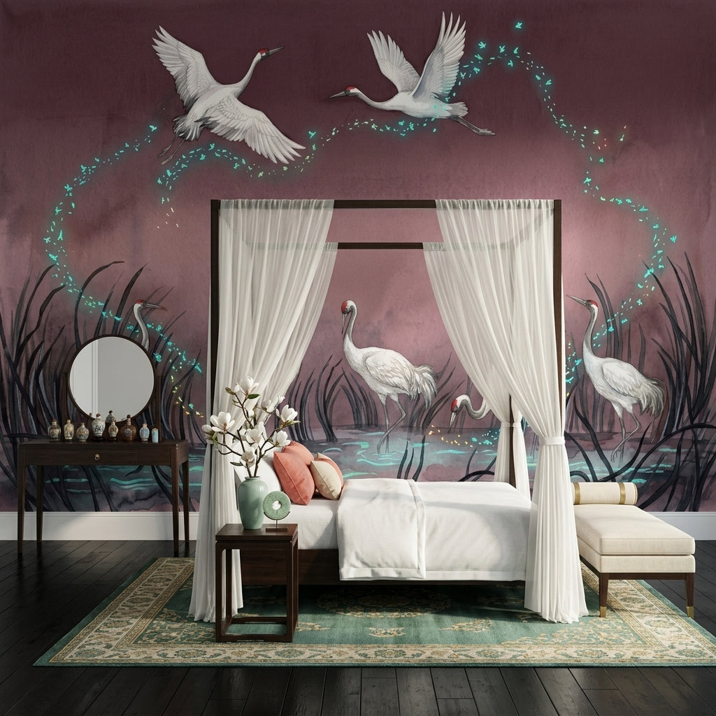 Cranes Wallpaper Watercolor Dreamy Wall Mural