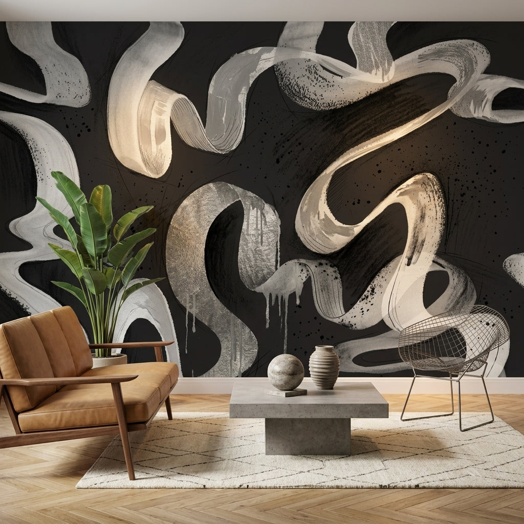 Abstract Wallpaper Brushstroke Ribbons Paint Splatter Removable Wall Decor