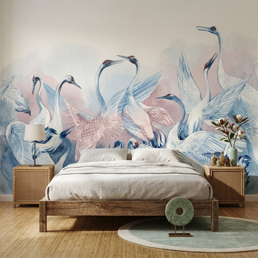 Watercolor Birds Wallpaper Cranes Pastel Pink Wash Wall Mural