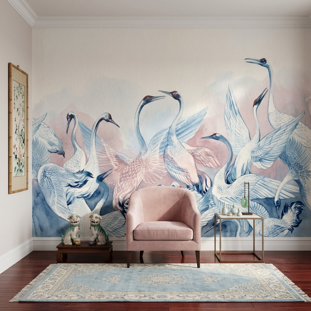 Watercolor Birds Wallpaper Cranes Pastel Pink Wash Wall Mural