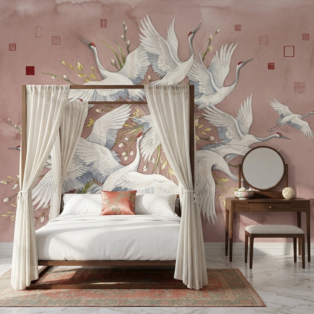 Cranes Wallpaper Watercolor Blush Pink Wall Mural