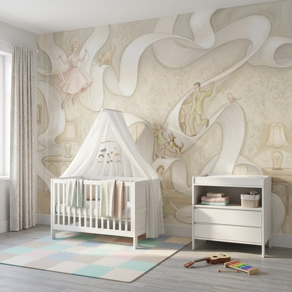 Vintage Illustration Wallpaper Whimsical Flowing Ribbon Wall Mural