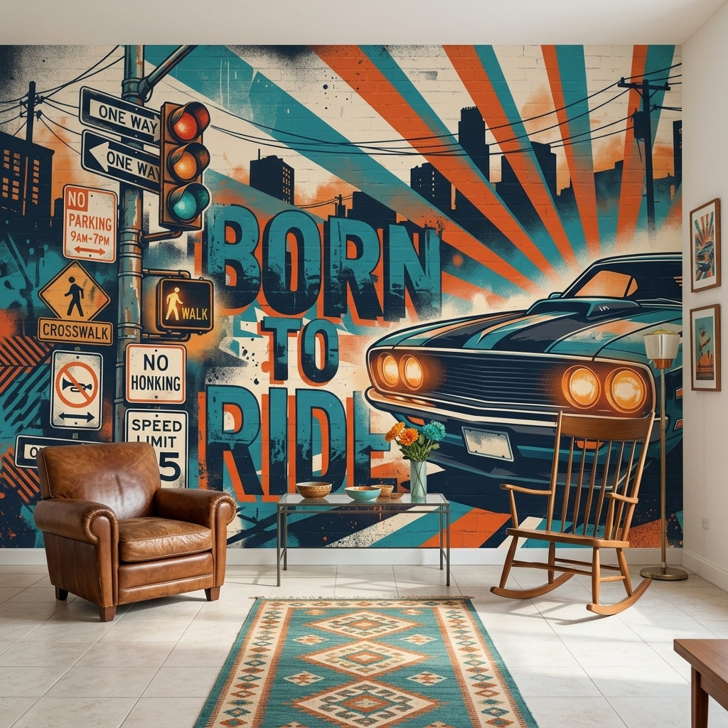 Urban Street Wallpaper Muscle Car Removable Retro Poster Wall Decor