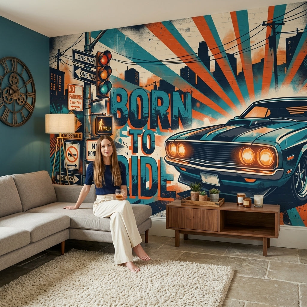 Urban Street Wallpaper Muscle Car Removable Retro Poster Wall Decor