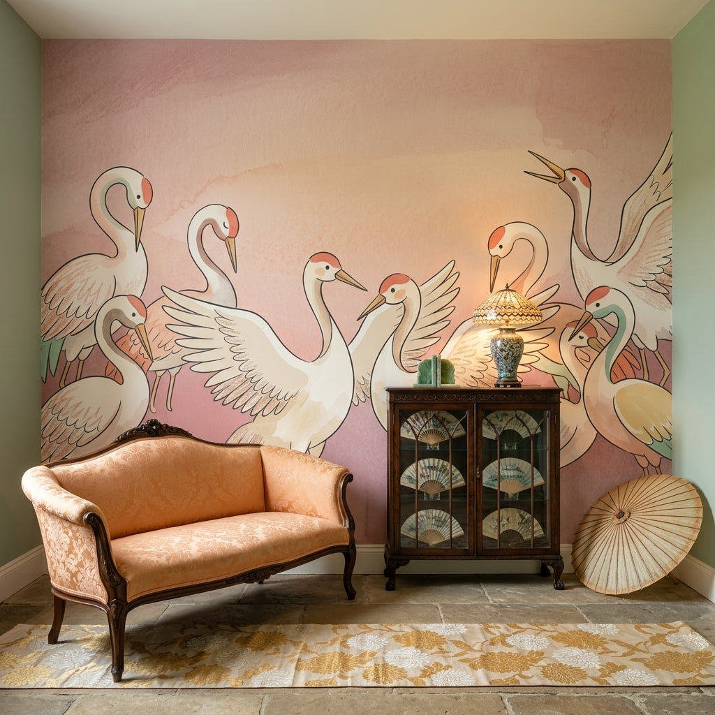 Cranes Wallpaper Pastel Pink Watercolor Wash Removable Wall Decor