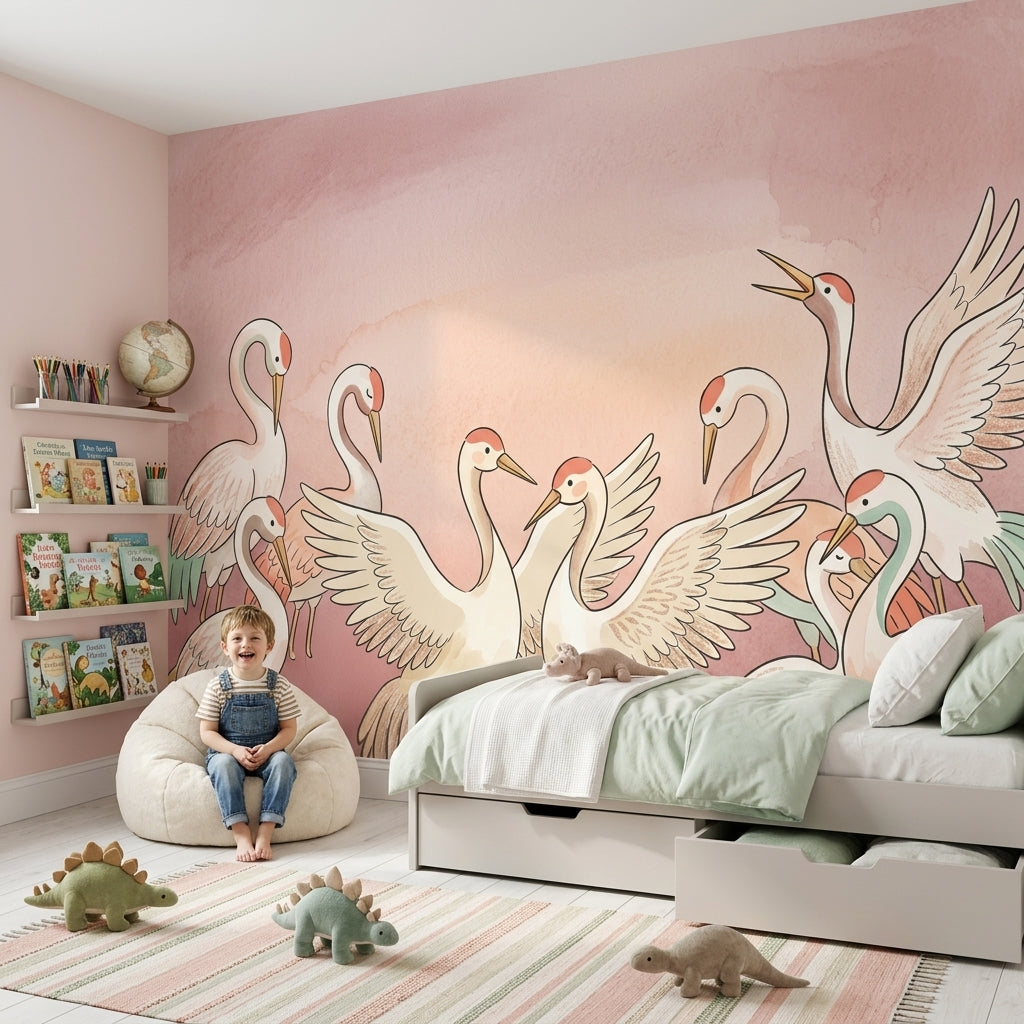Cranes Wallpaper Pastel Pink Watercolor Wash Removable Wall Decor