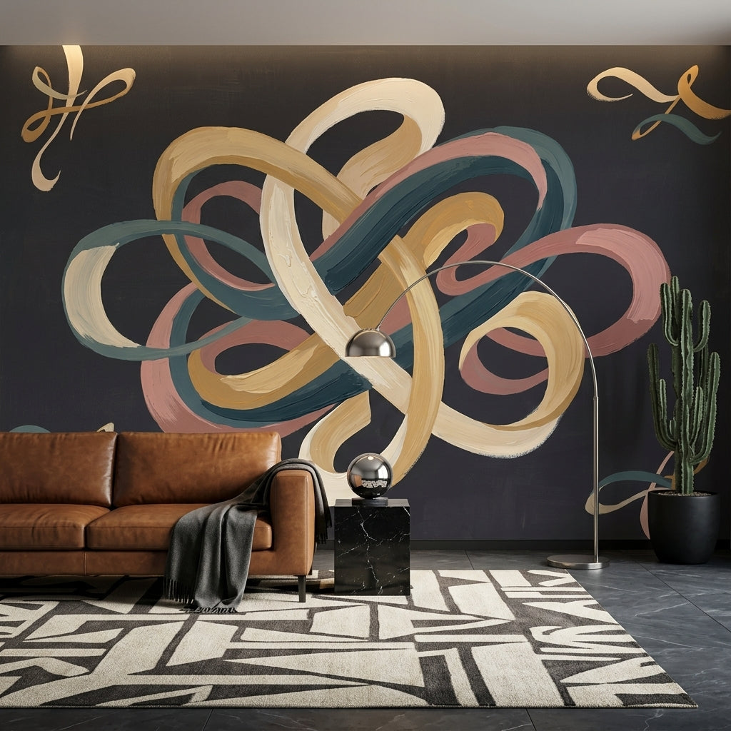 Interwoven Knot Wallpaper Ribbon Loops Painterly Brushstrokes Wall Mural