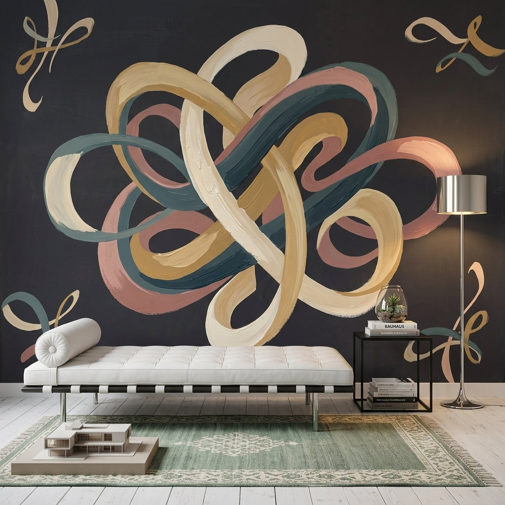 Interwoven Knot Wallpaper Ribbon Loops Painterly Brushstrokes Wall Mural