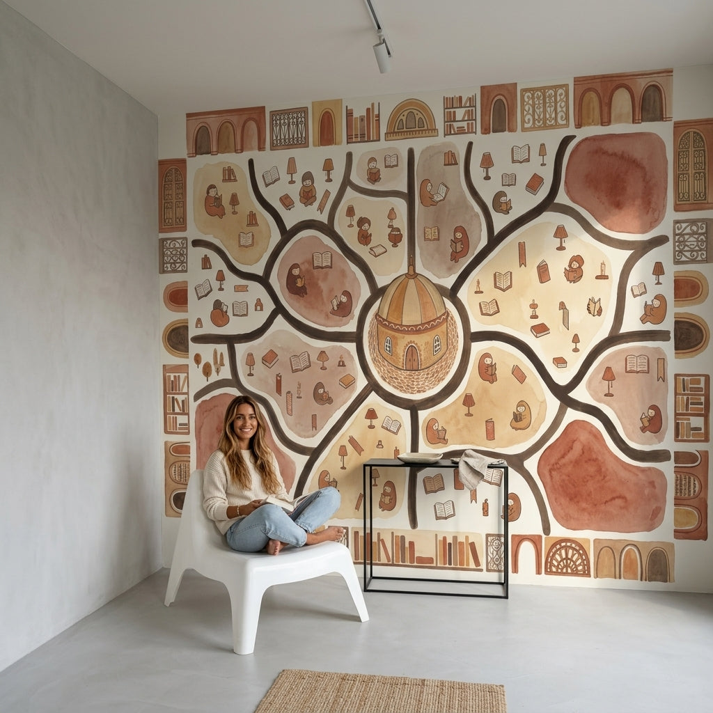 Library Wallpaper Reading Removable Watercolor Illustration Wall Decor