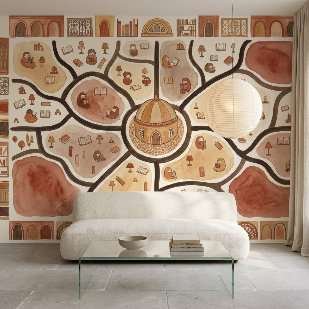 Library Wallpaper Reading Removable Watercolor Illustration Wall Decor
