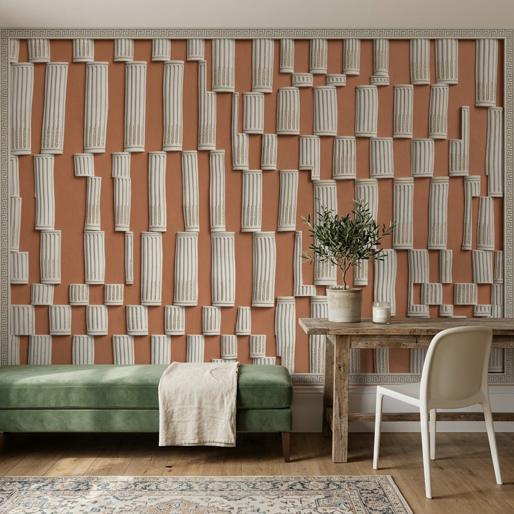Fluted Columns Wallpaper Greek Key Border 3D Relief Removable Wall Decor
