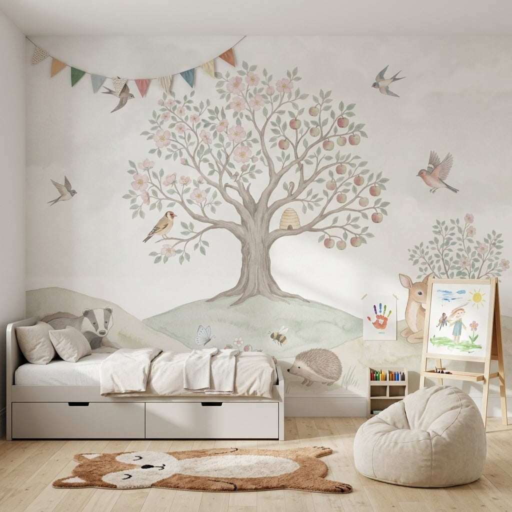 Muted Green Wallpaper Woodland Removable Watercolor Wall Decor