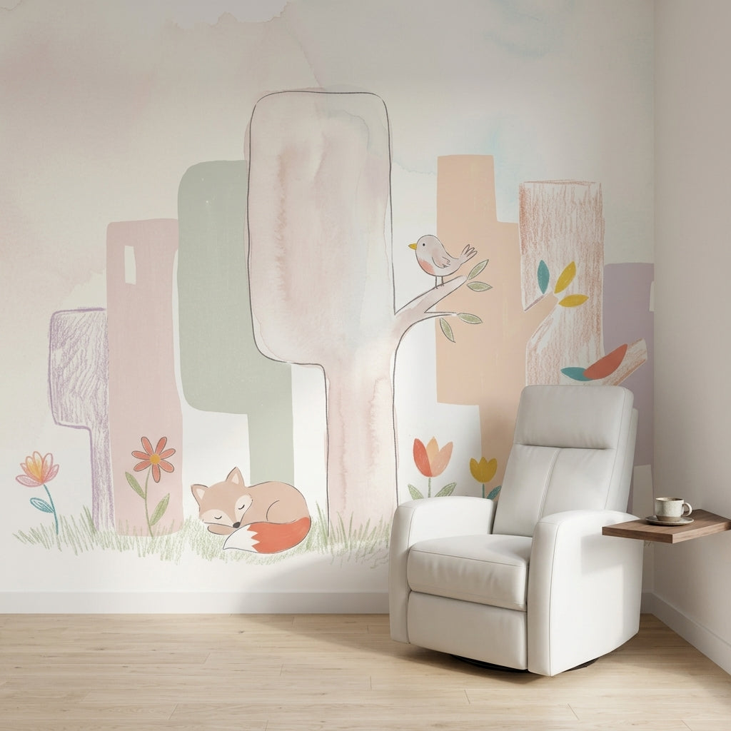 White Background Wallpaper Pastel Woodland Removable Wall Decor