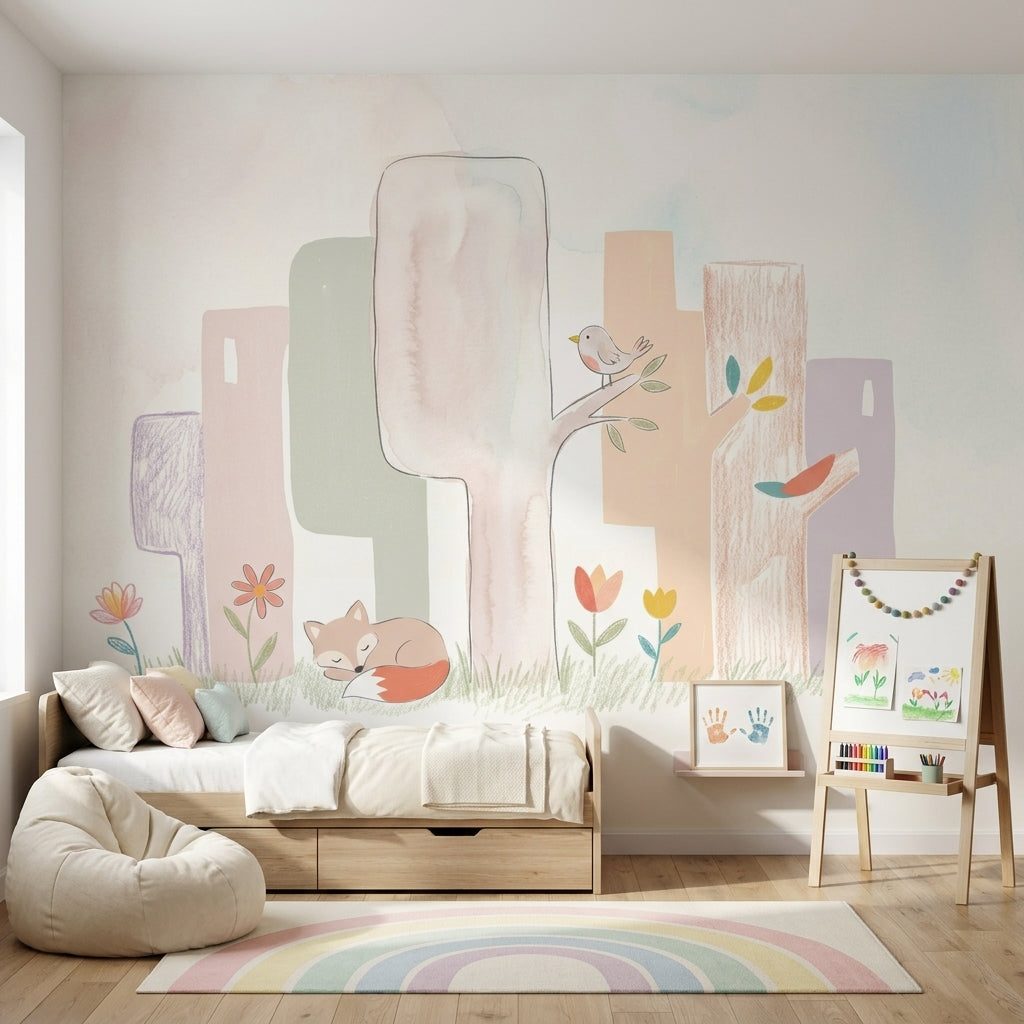 White Background Wallpaper Pastel Woodland Removable Wall Decor