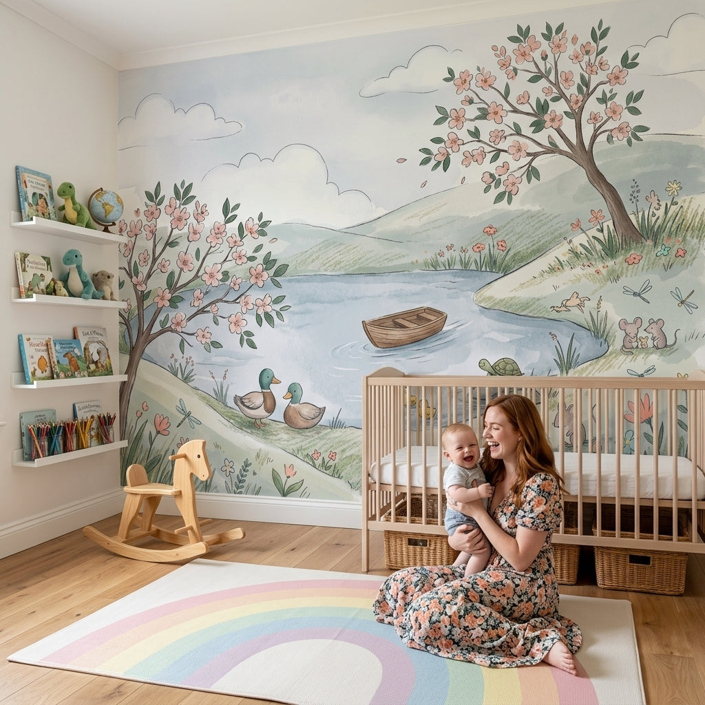 Spring Landscape Wallpaper Watercolor Whimsical Nursery Removable Wall Decor