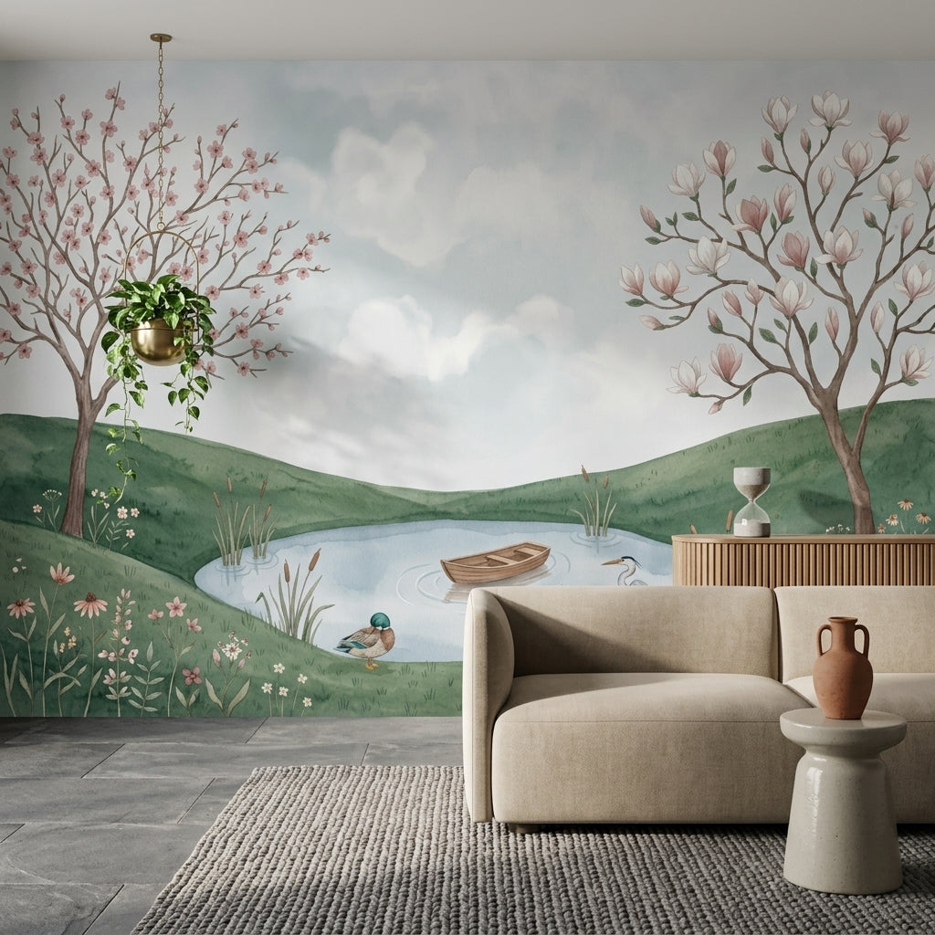 Watercolor Landscape Wallpaper Pond Pastoral Wall Mural