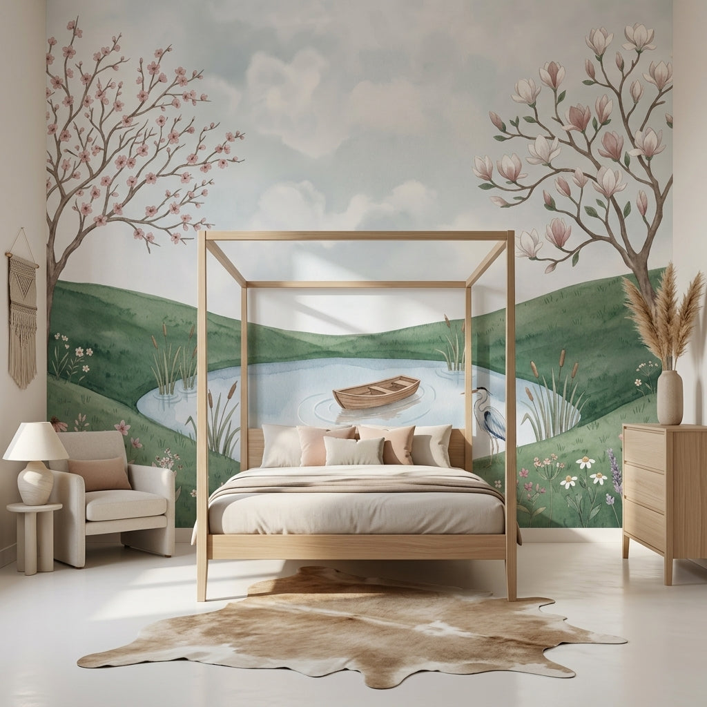 Watercolor Landscape Wallpaper Pond Pastoral Wall Mural