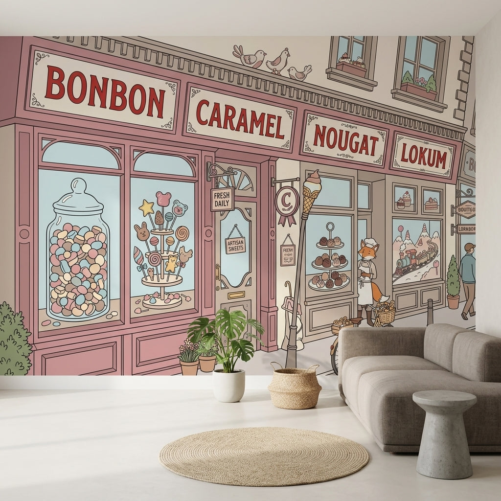 Candy Shop Storefront Wallpaper Pastel Pink French Patisserie Vibe Wall Mural