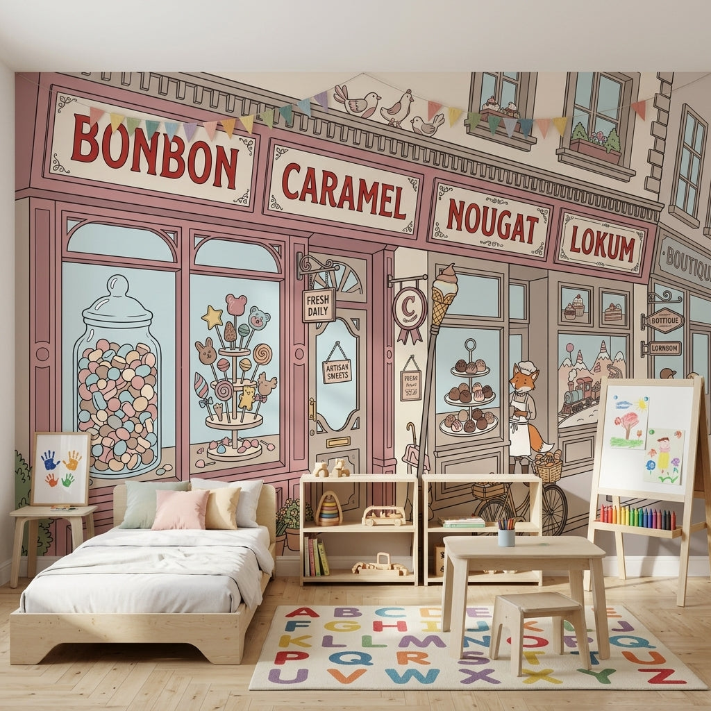 Candy Shop Storefront Wallpaper Pastel Pink French Patisserie Vibe Wall Mural