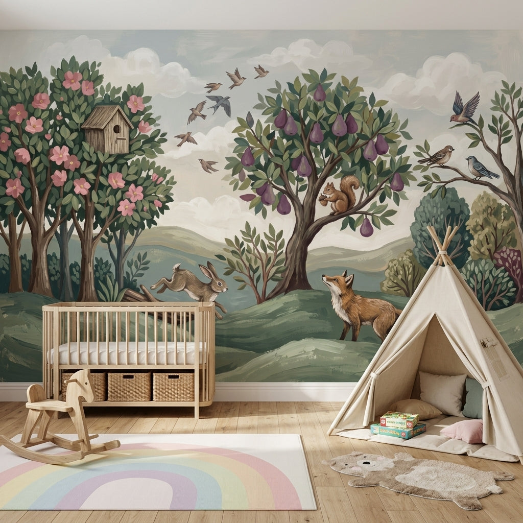 Woodland Landscape Wallpaper Storybook Illustration Removable Green Hills Wall Decor