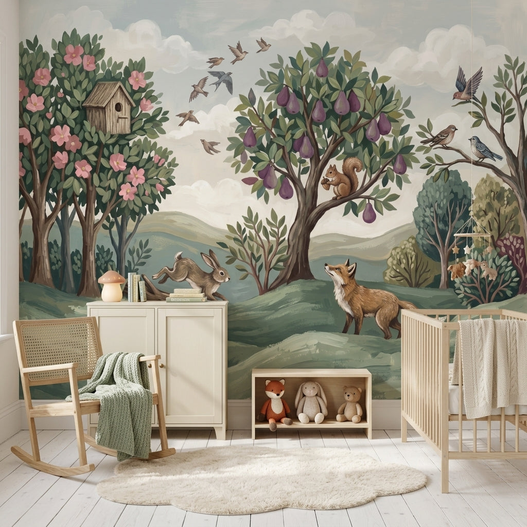 Woodland Landscape Wallpaper Storybook Illustration Removable Green Hills Wall Decor