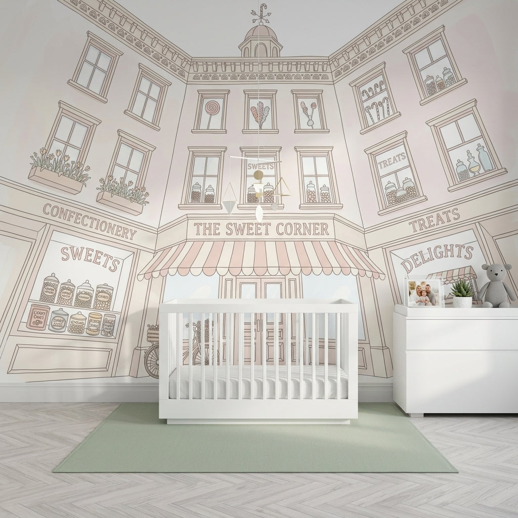 Candy Shop Wallpaper Sweet Shop Storefront Pastel Line Art Wall Mural