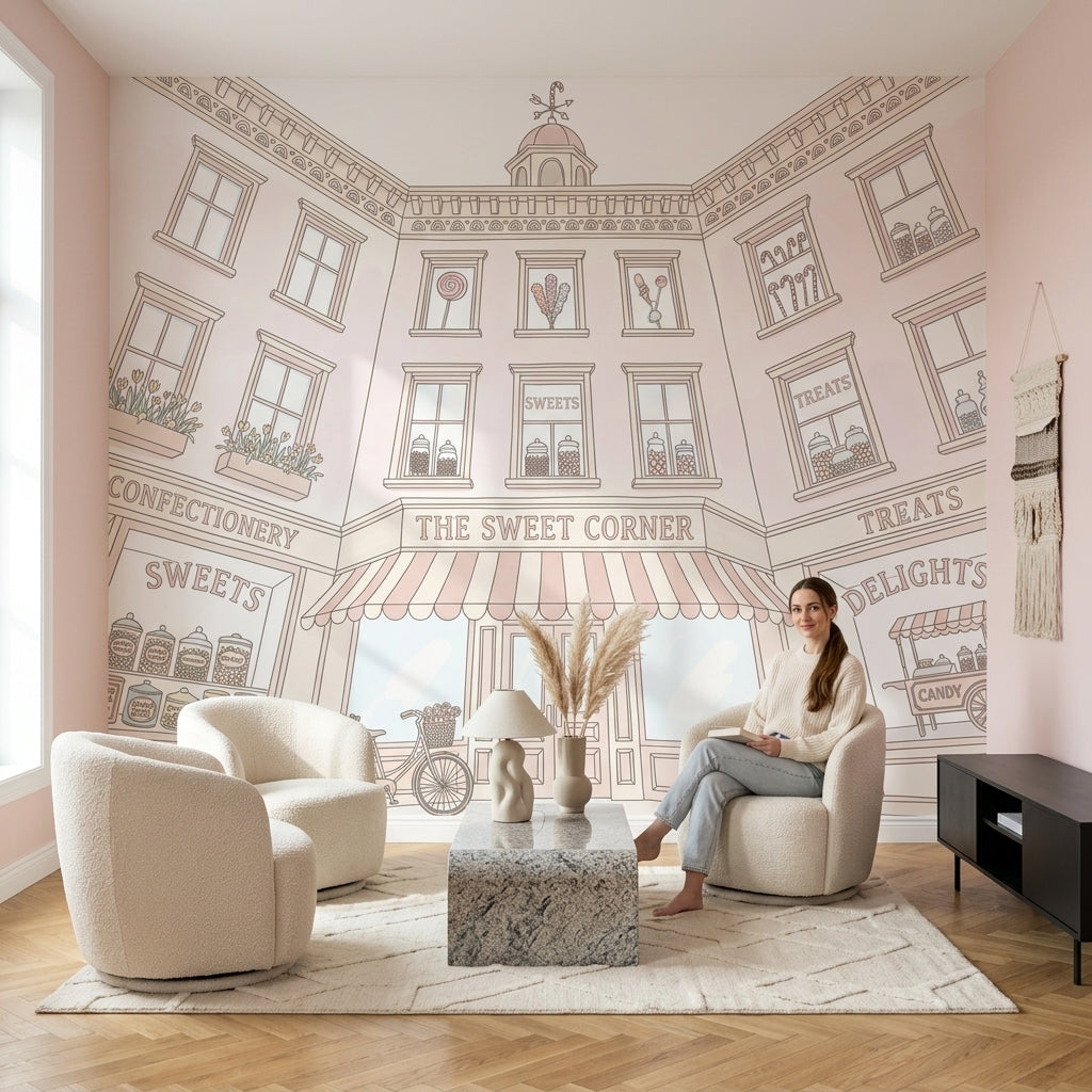 Candy Shop Wallpaper Sweet Shop Storefront Pastel Line Art Wall Mural