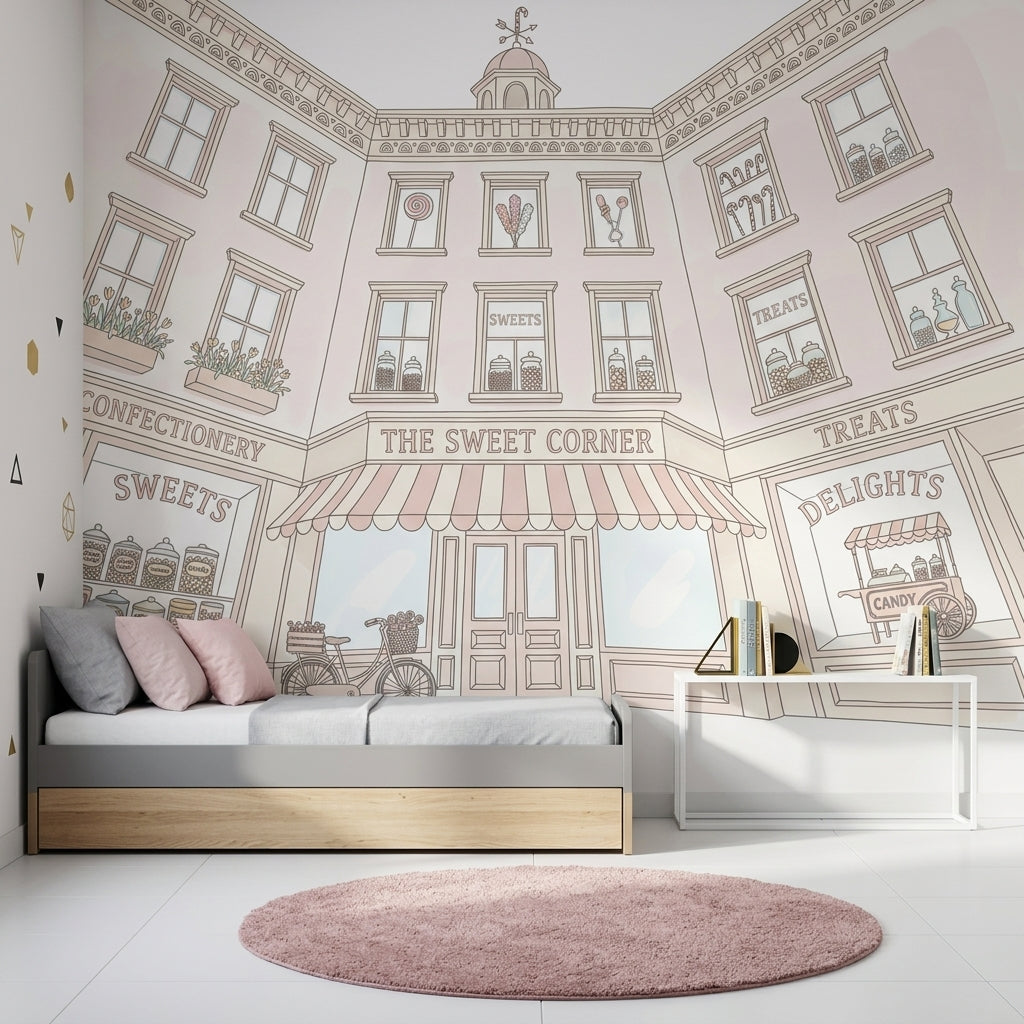 Candy Shop Wallpaper Sweet Shop Storefront Pastel Line Art Wall Mural