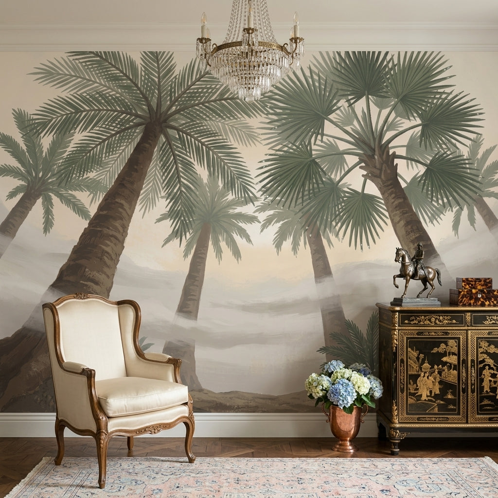 Muted Green Wallpaper Palm Trees Removable Tropical Wall Decor
