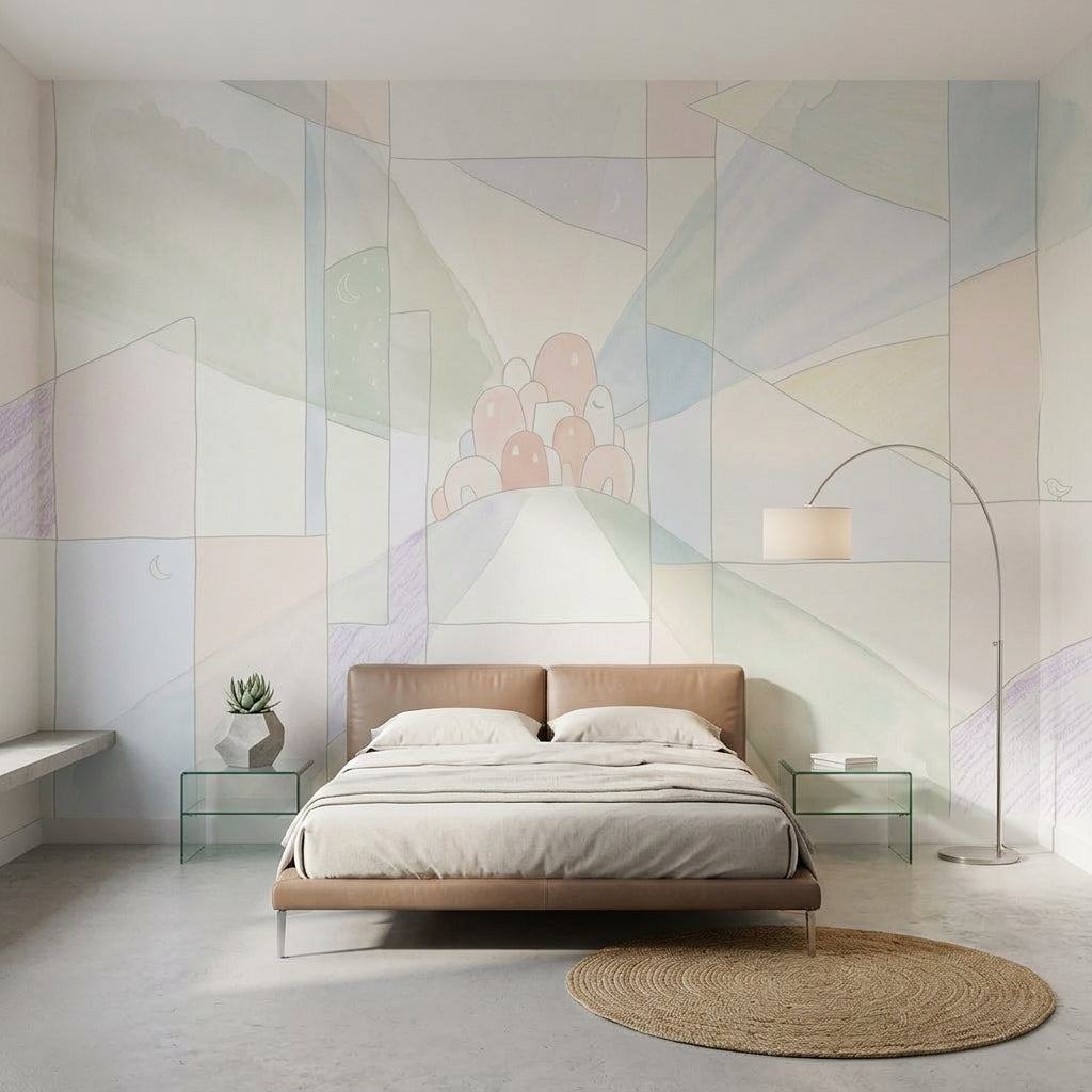 Abstract Landscape Wallpaper Geometric Panel Grid Moon And Stars Removable Wall Decor